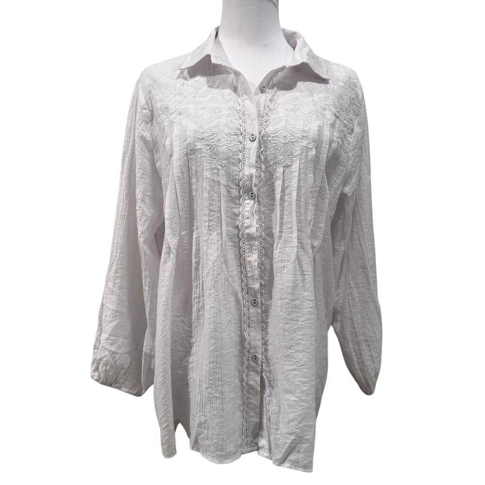 Hester & Orchard White Embroidered Boho Tunic Button Up Blouse Medium Peasant